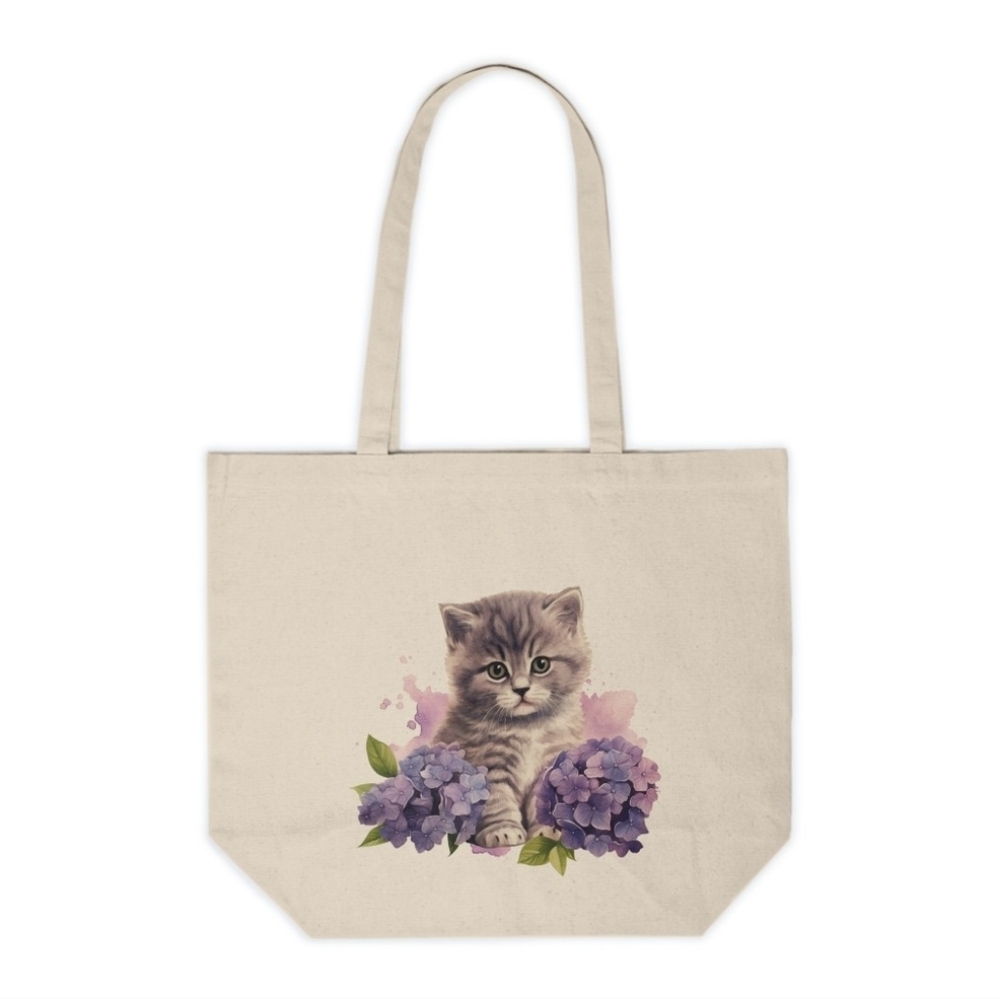 Cute Kitten Floral Canvas Tote Bag | Cat Lover Reusable Shopping Bag